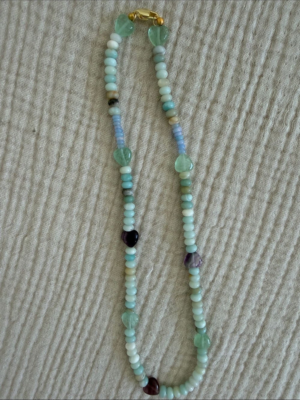 Crystal Mint and Aqua Amethyst and Fluorite Beaded Heart Necklace w Gold Clasp